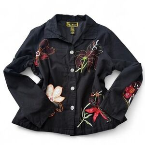 Vintage 90s Mirasol Black Floral Embroidered Linen Blend Jacket, Women's Size L